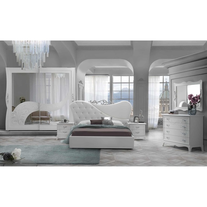 Dormitor Brielle, alb, pat 180x200 cm, dulap cu 2 usi culisante, 2 noptiere, comoda