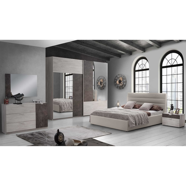Dormitor Urban CB Furniture, Ulm/Maro, Pat 160x190 cm, Dulap cu 2 usi culisante, Comoda, 2 Noptiere