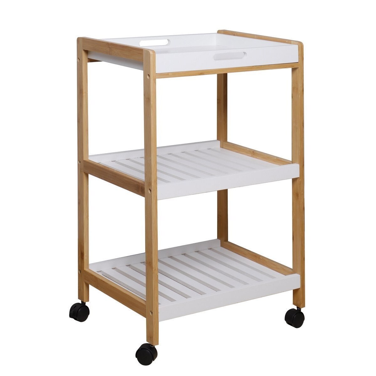 Raft cu 2 polite si 1 tava din bambus alb natur Emilio 46 cm x 35 cm x 74 h
