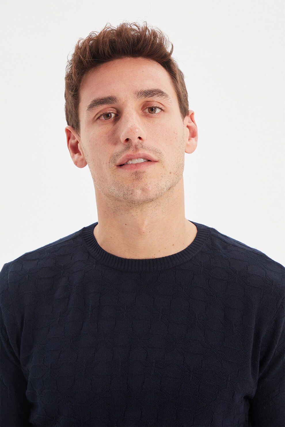 Trendyol, Pulover slim fit texturat, Bleumarin inchis, S