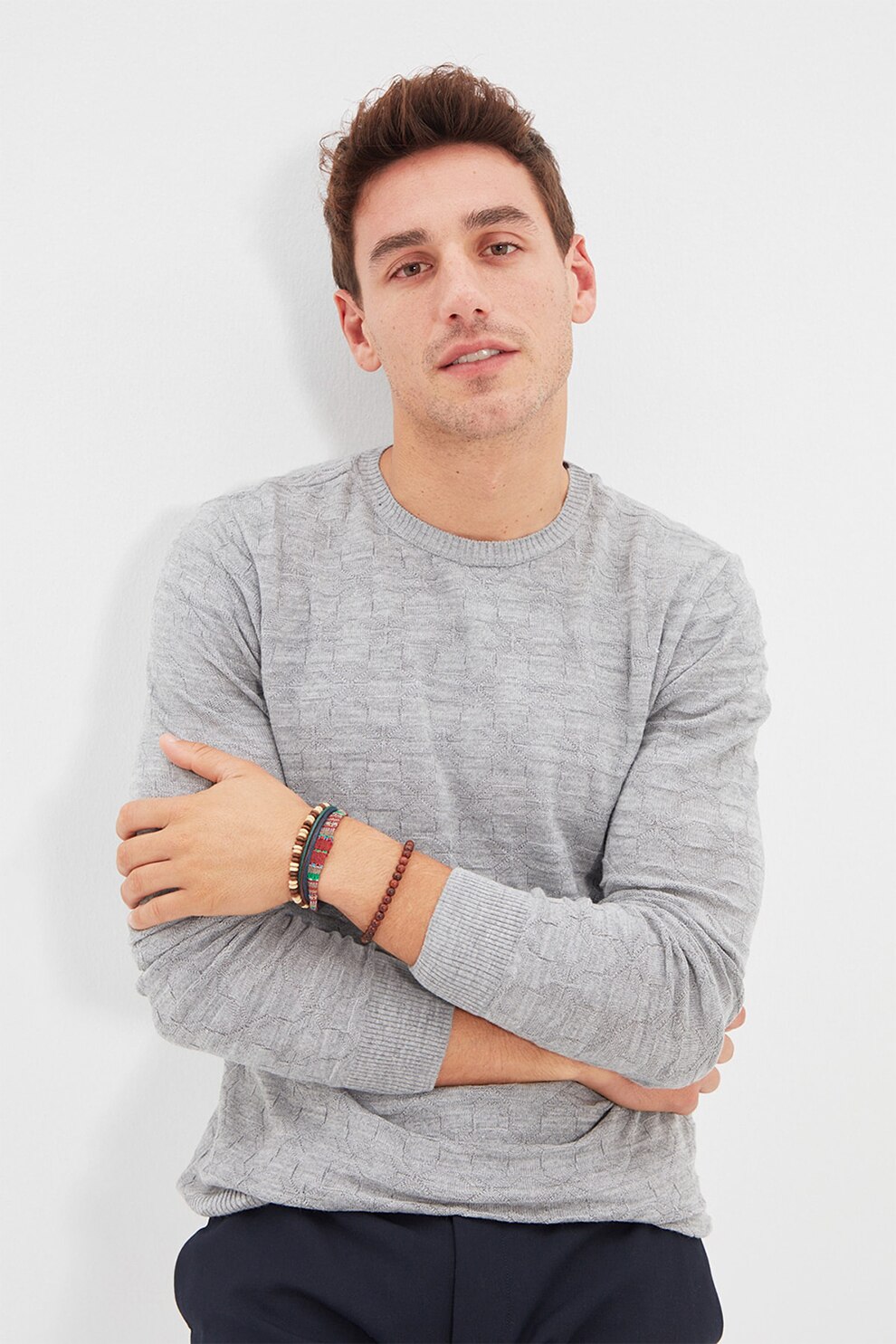 Trendyol, Pulover slim fit texturat, Gri, S