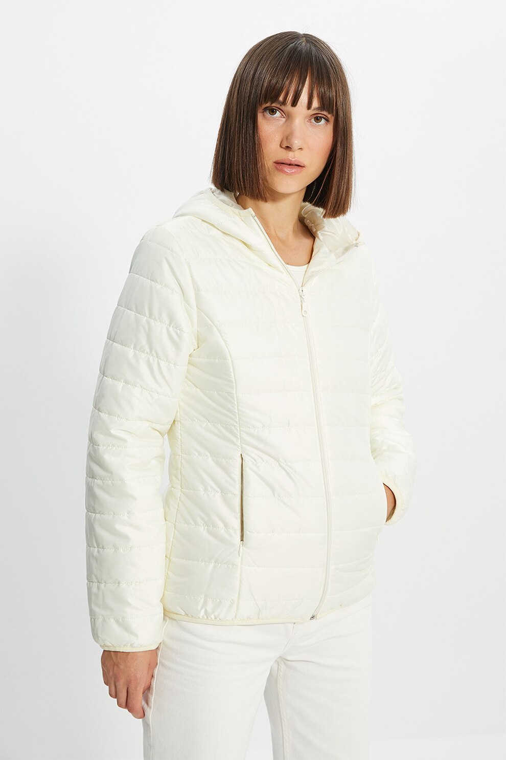 Trendyol, Jacheta cu vatelina subtire si gluga, Alb prafuit