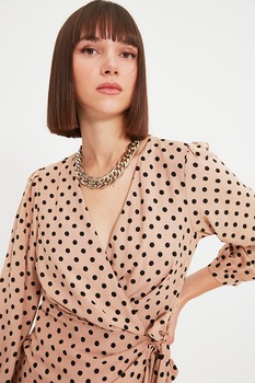 Trendyol, Rochie petrecuta cu imprimeu cu buline, Bej/Negru, XS Trendyol, Rochie petrecuta cu imprimeu cu buline, Bej/Negru, XS