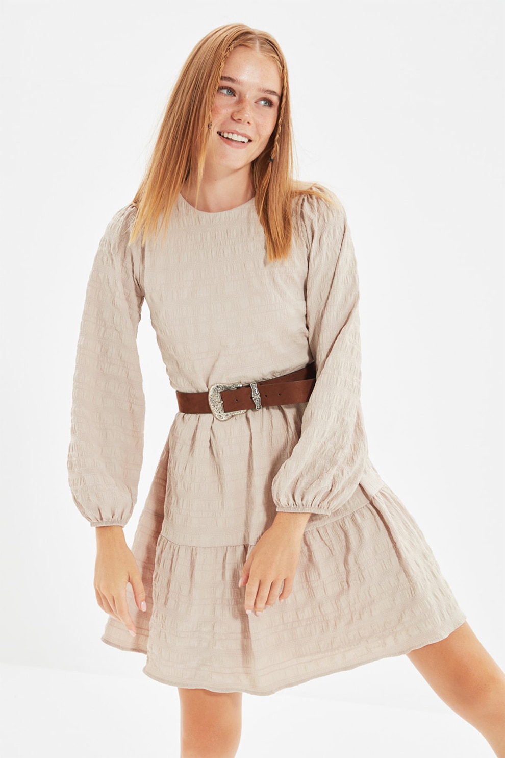 Trendyol, Rochie scurta cu maneci usor bufante, Maro nisip