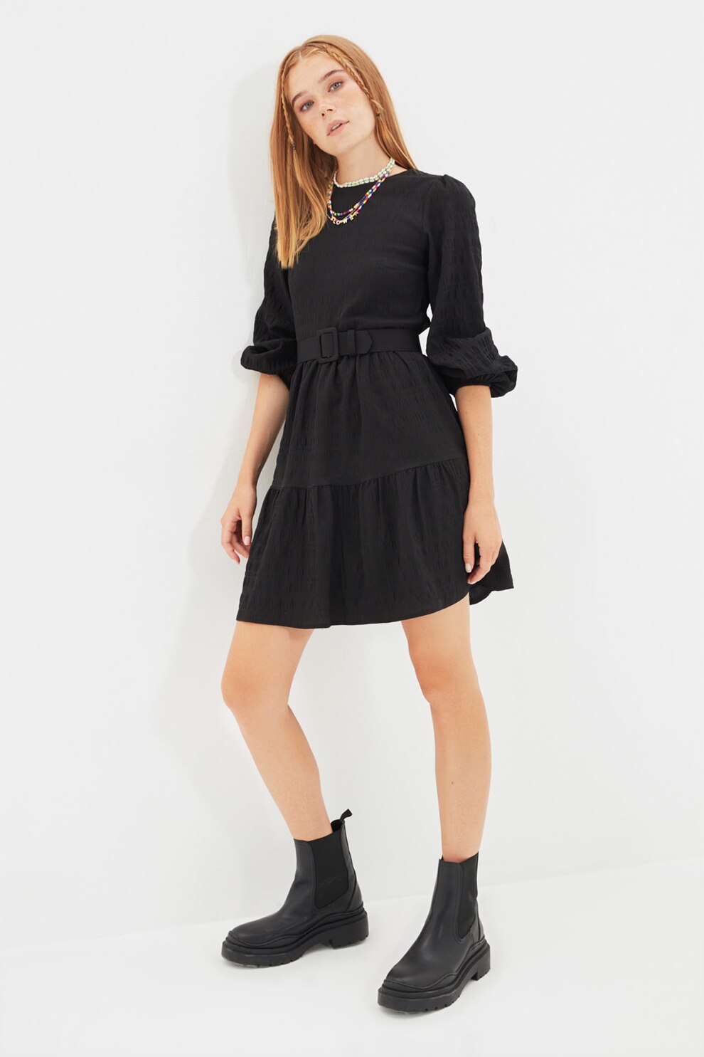 Trendyol, Rochie scurta cu maneci usor bufante, Negru