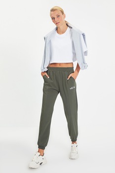 Trendyol, Pantaloni sport cu buzunare oblice si talie inalta, Kaki Trendyol, Pantaloni sport cu buzunare oblice si talie inalta, Kaki