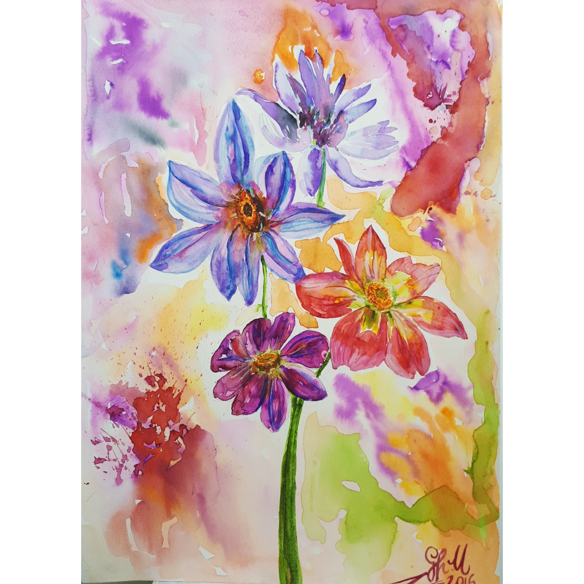 Tablou Buchet de primavara, acuarela, pictat manual de Artemisia dimensiune 30 x 41 cm