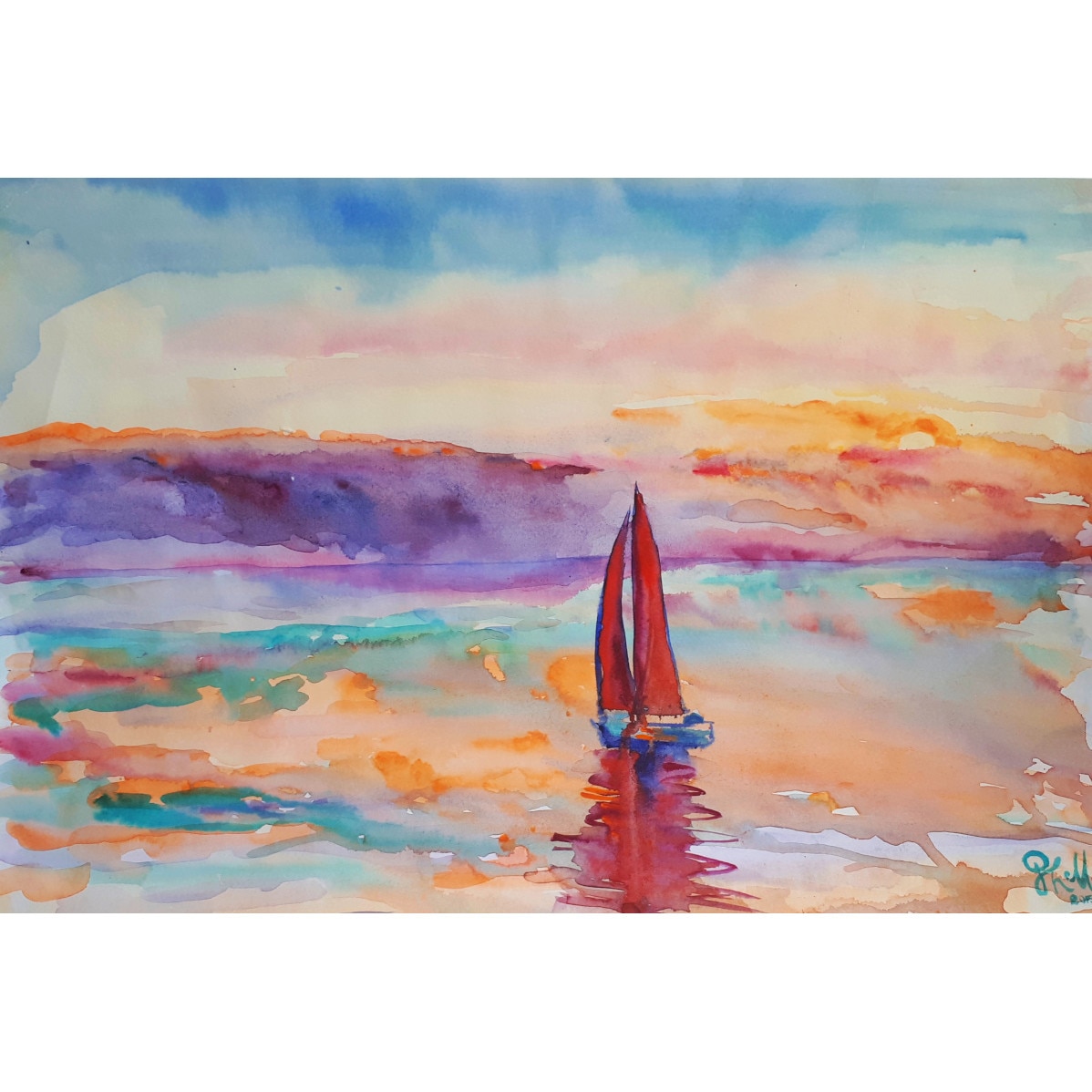 Tablou Barcuta la apus, acuarela, pictat manual de Artemisia dimensiune 33 x 49 cm