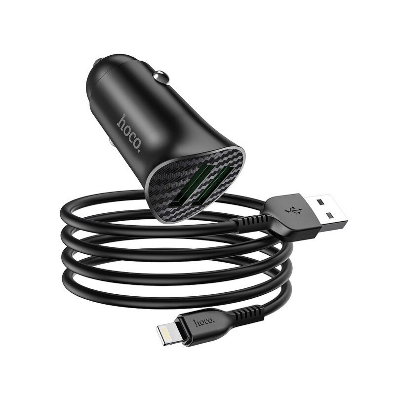 Incarcator Auto Hoco Dual 2 X Usb Qc 3.0 Cu Cablu Date Lightning, 18w, Negru Carbon Z39
