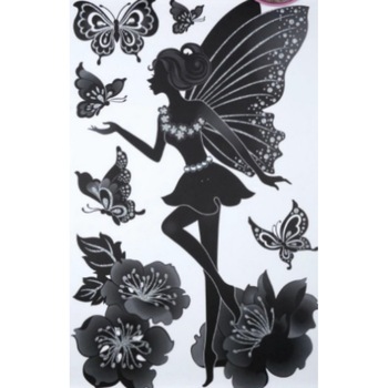 Sticker de perete cu Zana, flori si fluturi, 50 x 32 cm, Negru Argintiu, JMB-BBL2892 Sticker de perete cu Zana, flori si fluturi, 50 x 32 cm, Negru Argintiu, JMB-BBL2892