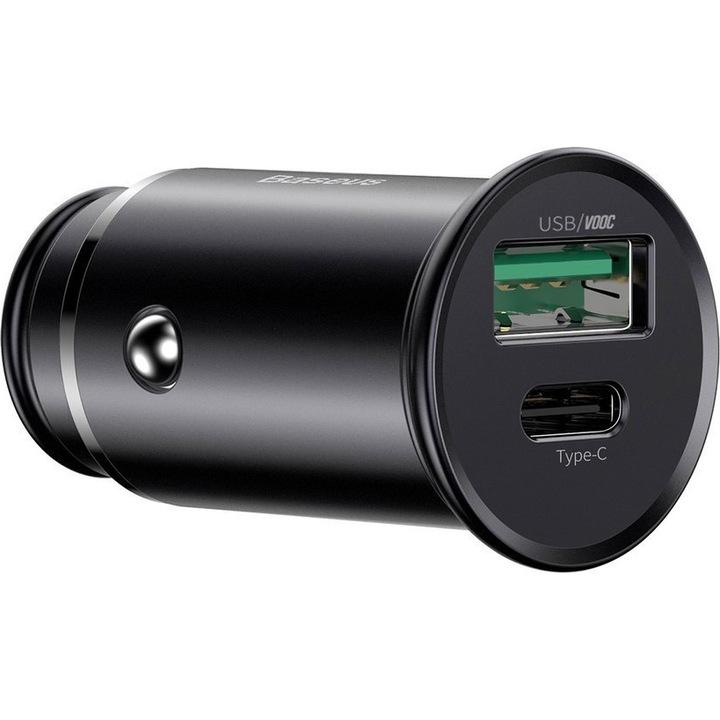 Incarcator auto Baseus USB Circular Metal, 1 X USB - 1 X USB Tip-C, 30W, Quick Charge - Power Delivery, Negru