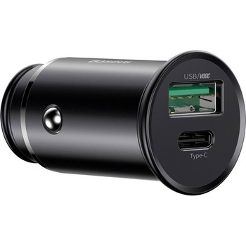 Incarcator auto Baseus USB Circular Metal, 1 X USB - 1 X USB Tip-C, 30W, Quick Charge - Power Delivery, Negru Incarcator auto Baseus USB Circular Metal, 1 X USB - 1 X USB Tip-C, 30W, Quick Charge - Power Delivery, Negru