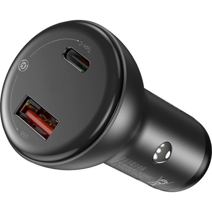 Зарядно устройство за кола Baseus, С кабел USB Tip-C Dual Quick Charger, 1 X USB - 1 X USB Tip-C, 45W, Quick Charge - Power Delivery, Led дисплей, Черен