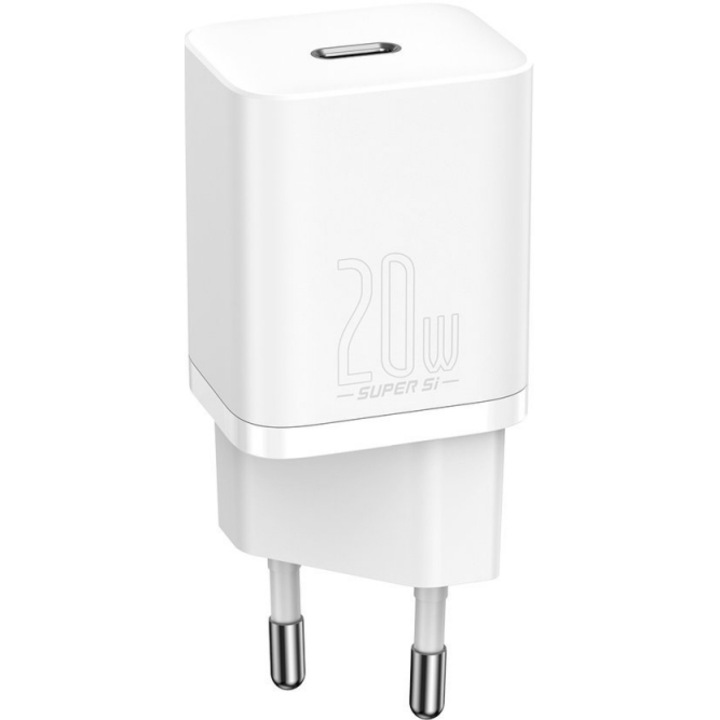 Мрежово зарядно устройство Baseus, С кабел USB Type C - Lightning Super Si, 1 м, 20W, Бял