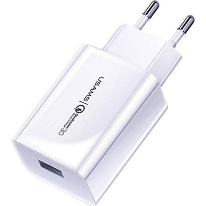 Мрежово зарядно устройство Usams T22 USB, Quick Charge 3, 18W, Бял