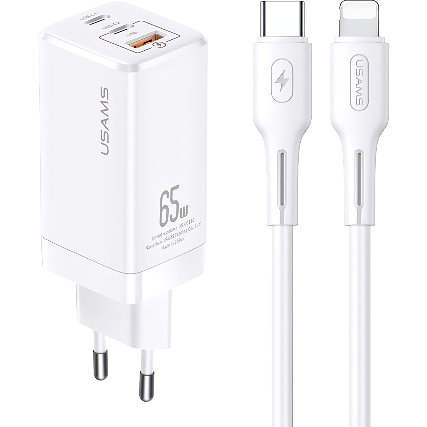 Incarcator retea Usams GaN cu cablu Lightning, 1 X USB - 2 x USB Tip-C, Quick Charge, 65W, Alb