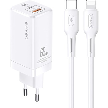 Incarcator retea Usams GaN cu cablu Lightning, 1 X USB - 2 x USB Tip-C, Quick Charge, 65W, Alb Incarcator retea Usams GaN cu cablu Lightning, 1 X USB - 2 x USB Tip-C, Quick Charge, 65W, Alb