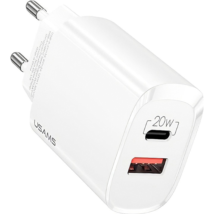 Incarcator retea Usams T35 USB, 1 X USB - 1 X USB Tip-C, 20W, Quick Charge - Power Delivery, Alb