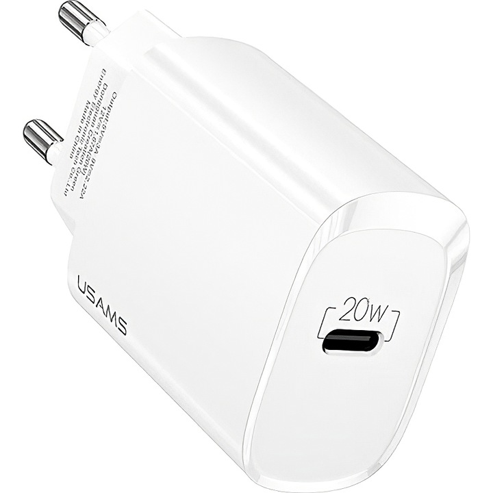 Usams T39 USB мрежово зарядно устройство, 1 X USB Type-C, бързо зареждане, 20 W, бяло