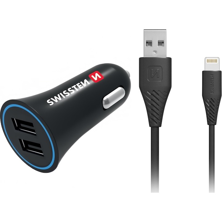 Incarcator auto Swissten cu cablu Lightning, 1.5m, 2.4A, 2 X USB, Negru