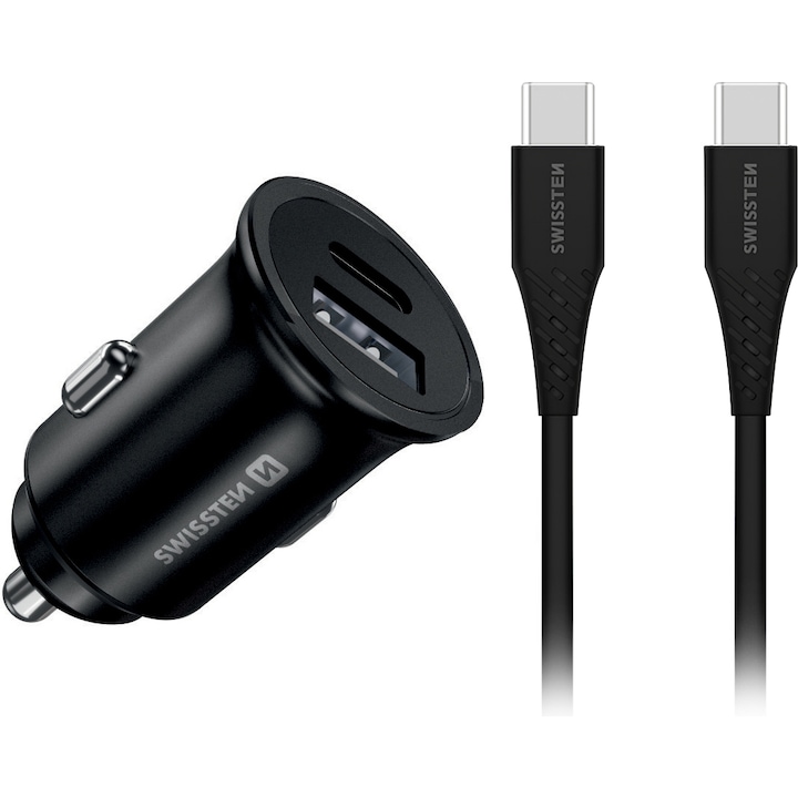 Зарядно за кола Swissten с USB Type-C кабел, Super Fast Charging 25W, 1.2m, 2.4A, 1 X USB - 1 X USB Type-C, Черен