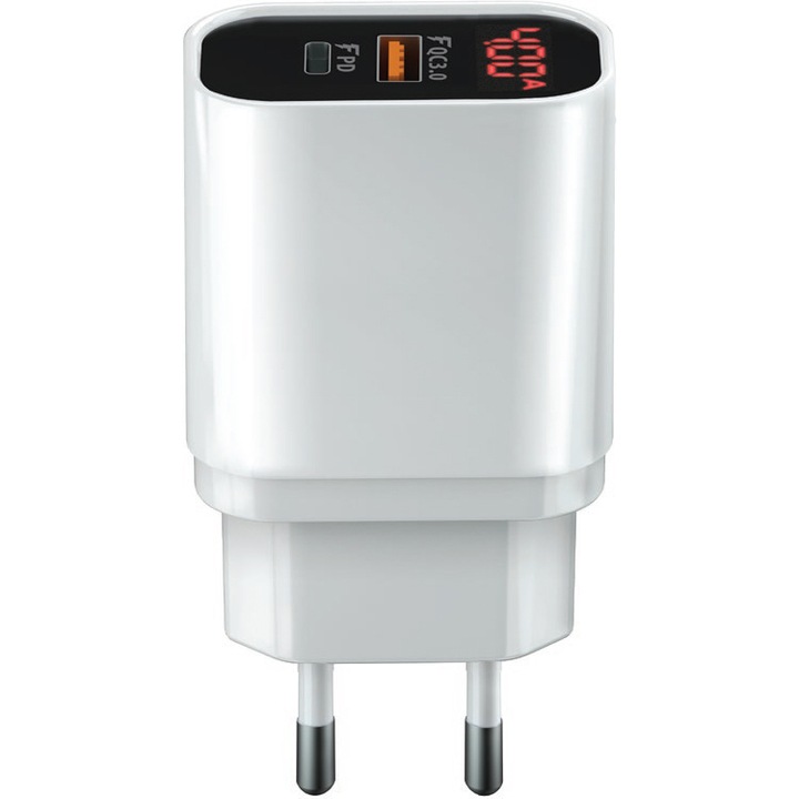 Incarcator retea Forever USB Core UltraFast, Power Delivery (PD) + Quick Charge 3, 20W, 1x USB + 1x Tip-C, Afisaj Led, Alb - Negru