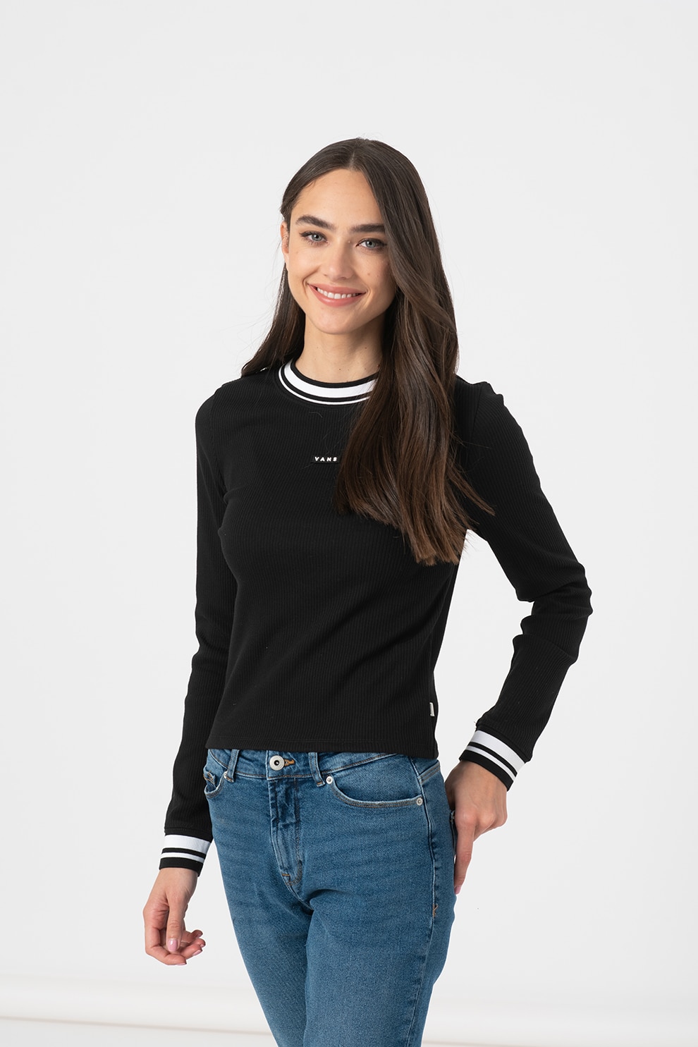 Vans, Bluza cu striatii si imprimeu logo Well Suited, Negru/Alb