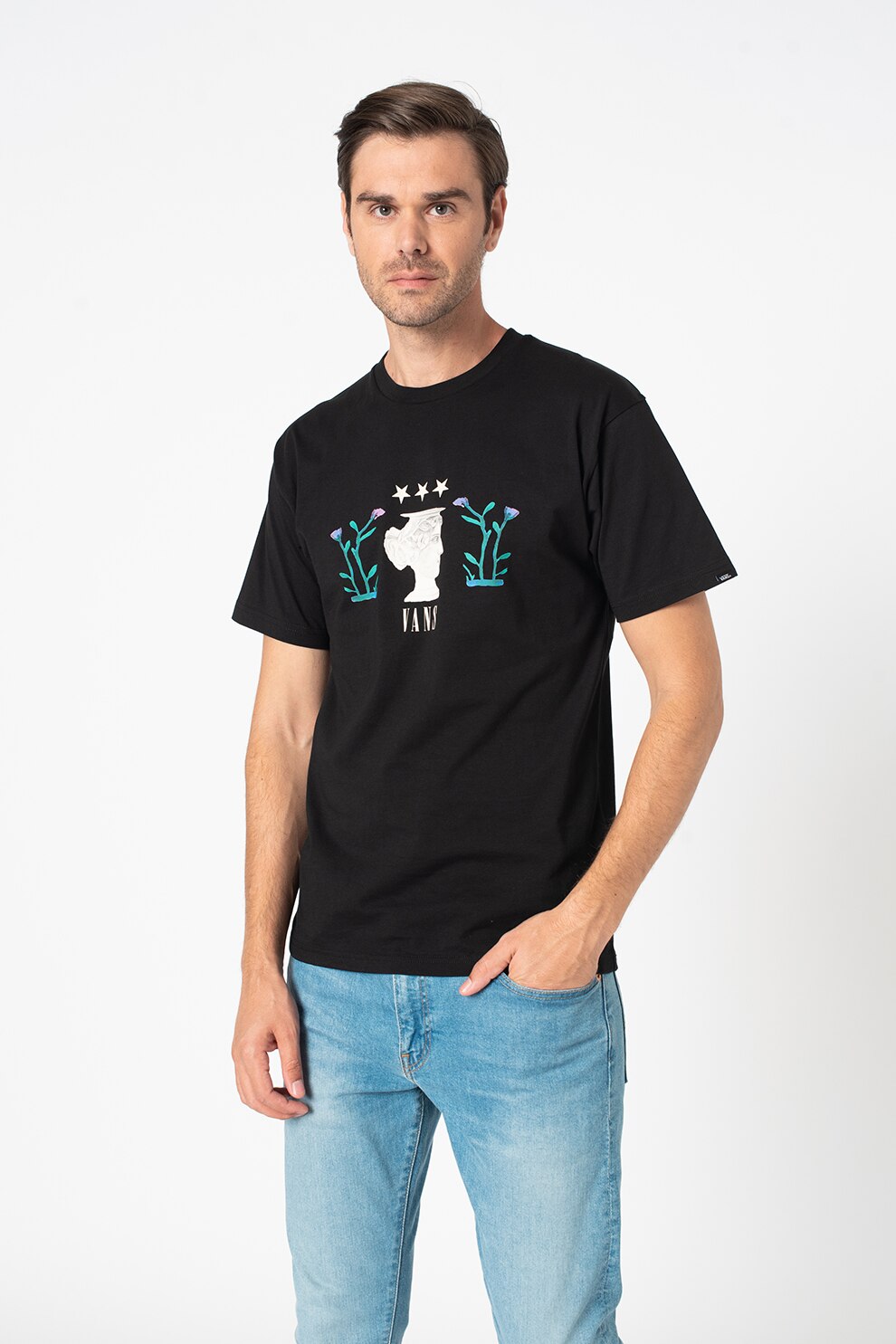 Vans, Tricou cu imprimeu grafic Wade Goodall, Negru/Alb prafuit/Verde