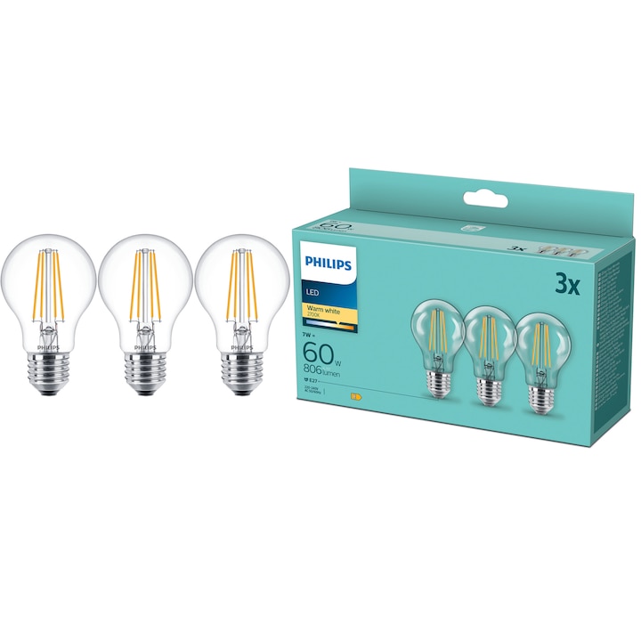 Pachet 3 becuri LED filament Philips, A60, E27, 7W (60W), 806 lm, lumina alba calda (2700K), clasa energetica E
