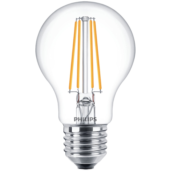 Комплект 3 LED крушки filament Philips, A60, E27, 7W (60W), 806 лумена, Tопла бяла светлина (2700K), Енергиен клас E