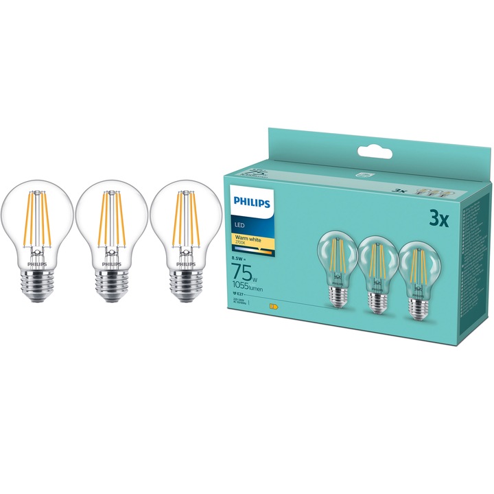 Pachet 3 becuri LED filament Philips, A60, E27, 8.5W (75W), 1055 lm, lumina alba calda (2700K), clasa energetica E