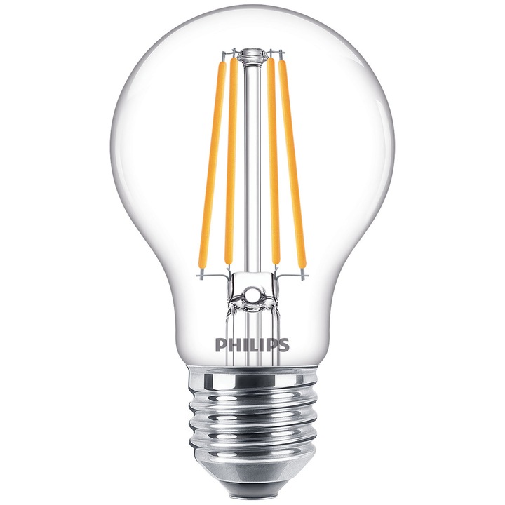 Комплект 3 LED крушки filament Philips, A60, E27, 8.5W (75W), 1055 лумена, Tопла бяла светлина (2700K), Енергиен клас E