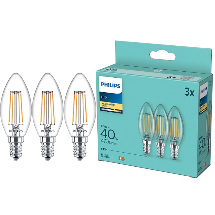 Pachet 3 becuri LED filament Philips, lumanare si lustra, B35, E14, 4.3W (40W), 470 lm, lumina alba calda (2700K), clasa energetica F
