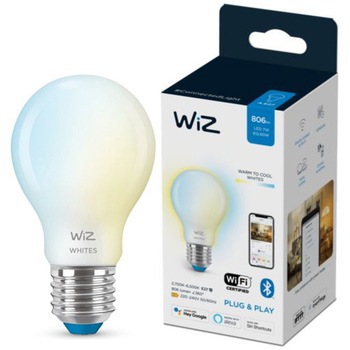 Bec LED inteligent WiZ, Wi-Fi, Bluetooth, A60, E27, 7W (60W), 806 lm, temperatura lumina regabila Bec LED inteligent WiZ, Wi-Fi, Bluetooth, A60, E27, 7W (60W), 806 lm, temperatura lumina regabila
