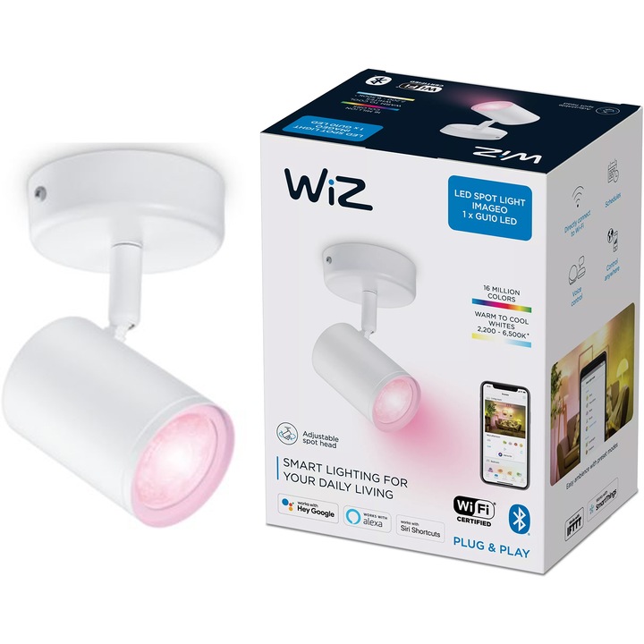 Spot inteligent WiZ Imageo, Wi-Fi, Bluetooth, RGB, 4.9W, 345 lm, lumina colorata, metal, Alb, clasa energetica G
