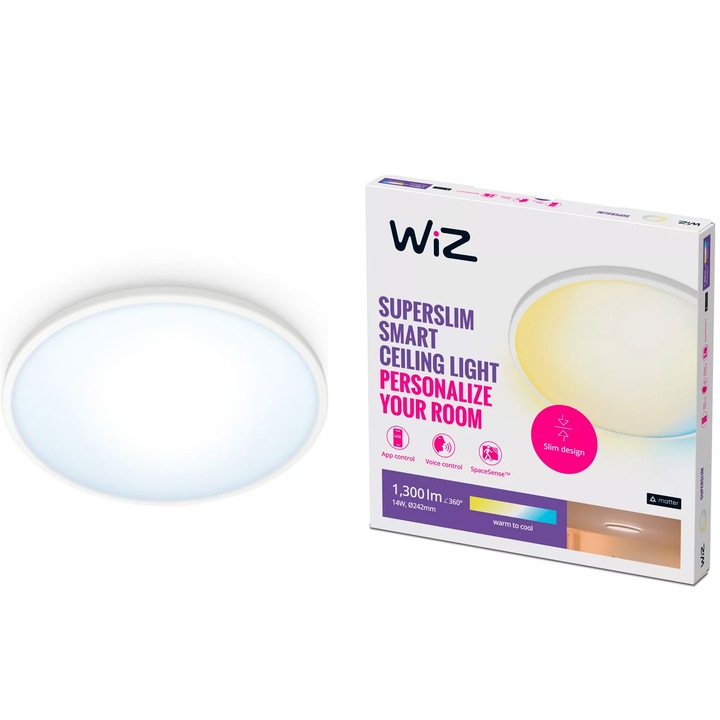 Plafoniera LED inteligenta WiZ SuperSlim, Wi-Fi, Bluetooth, 14W, 1300 lm, lumina alba reglabila, 24.2 cm, metal/plastic, Alb, clasa energetica E
