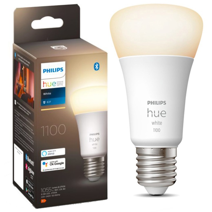 Bec LED inteligent Philips Hue, Bluetooth, Zigbee, A60, E27, 9.5W (75W), 1055 lm, lumina alba calda (2700K), clasa energetica F