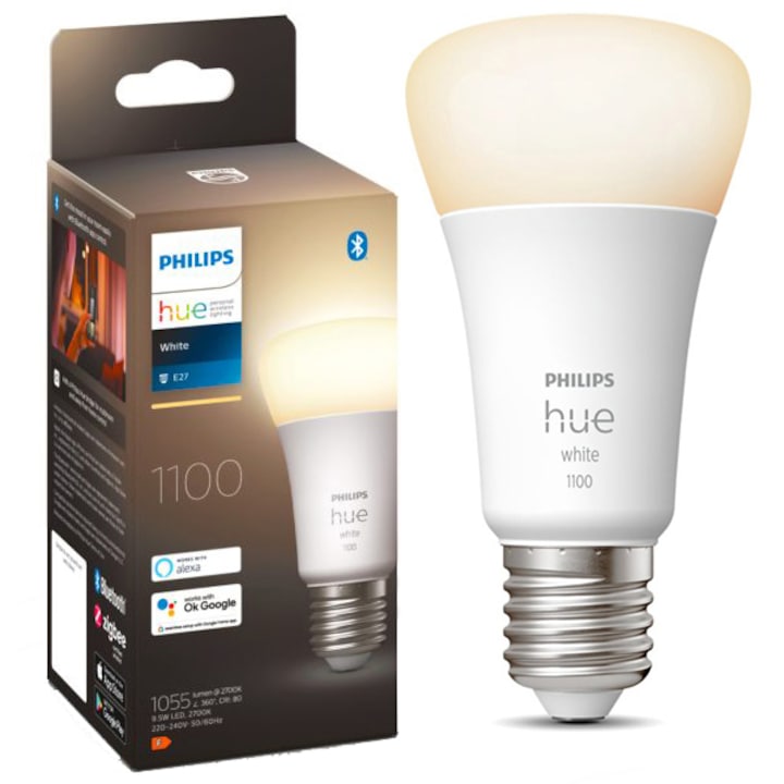 Philips Hue Smart LED izzó, Bluetooth, Zigbee, A60, E27, 9,5 W (75 W), 1055 lm, meleg fehér fény (2700 K)