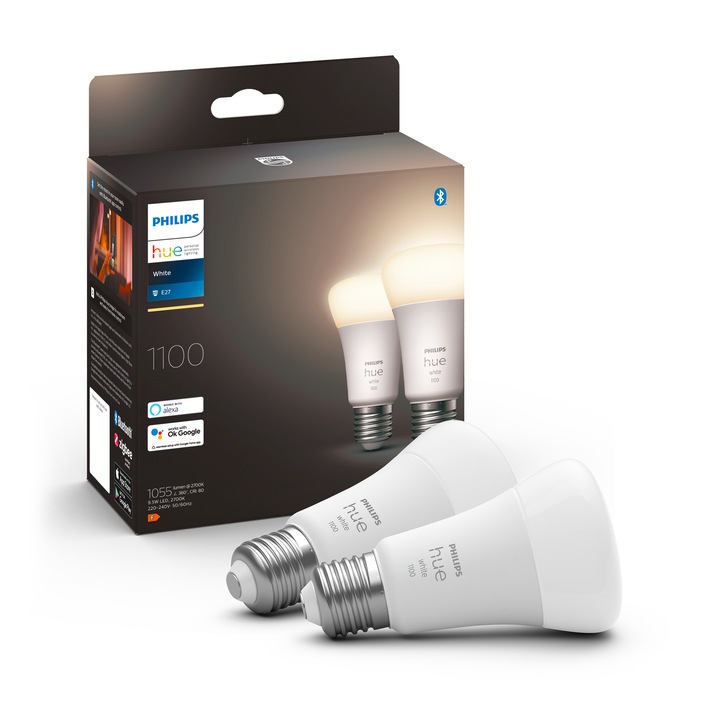 2 db Philips Hue Smart LED izzót tartalmazó csomag, Bluetooth, Zigbee, A60, E27, 9,5 W (75 W), 1055, meleg fehér fény (2700 K)