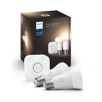 Pachet kit baza 2 becuri LED Philips Hue, Bluetooth, Zigbee, A60, 9.5W (75W), 1055 lm, lumina alba calda (2700K) + Consola Hue Bridge Pachet kit baza 2 becuri LED Philips Hue, Bluetooth, Zigbee, A60, 9.5W (75W), 1055 lm, lumina alba calda (2700K) + Consola Hue Bridge