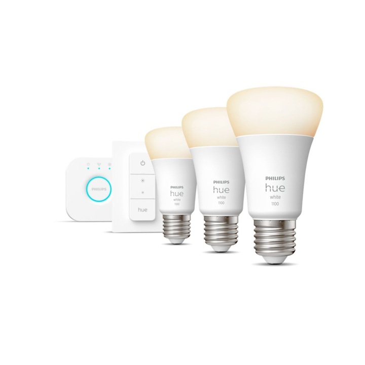 Основен комплект от 3 LED крушки Philips Hue, Bluetooth, Zigbee, A60, E27, 9.5W (75W), 1055 лумена, Топла бяла светлина (2700K) + Конзола Hue Bridge + Превключвател, Енергиен клас F