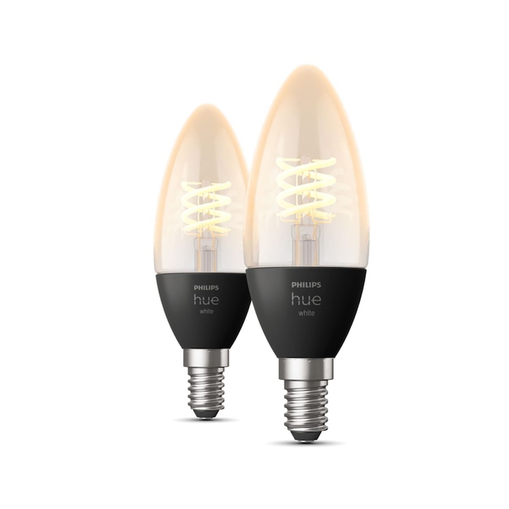 Комплект от 2 смарт LED крушки Philips Hue Filament Candle, Vintage, Bluetooth, Zigbee, E14, 4.5W (28W), 300 лумена, Топла бяла светлина (2100K), Енергиен клас G