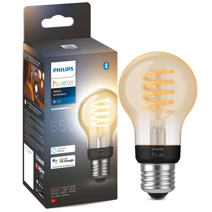 Bec LED inteligent vintage Philips Hue Filament, Bluetooth, Zigbee, A60, E27, 7W (40W), 550 lm, lumina alba (2200-4500K), clasa energetica G