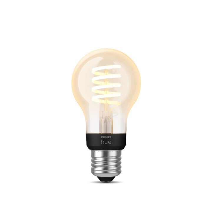 Смарт LED крушка vintage Philips Hue Filament, Bluetooth, Zigbee, A60, E27, 7W (40W), 550 лумена, Бяла светлина (2200-4500K), Енергиен клас G