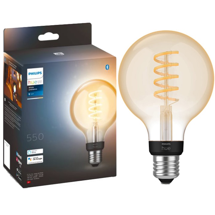 Bec LED inteligent vintage Philips Hue Filament Glob, Bluetooth, Zigbee, G93, E27, 7W (40W), 550 lm, lumina alba (2200-4500K), clasa energetica G