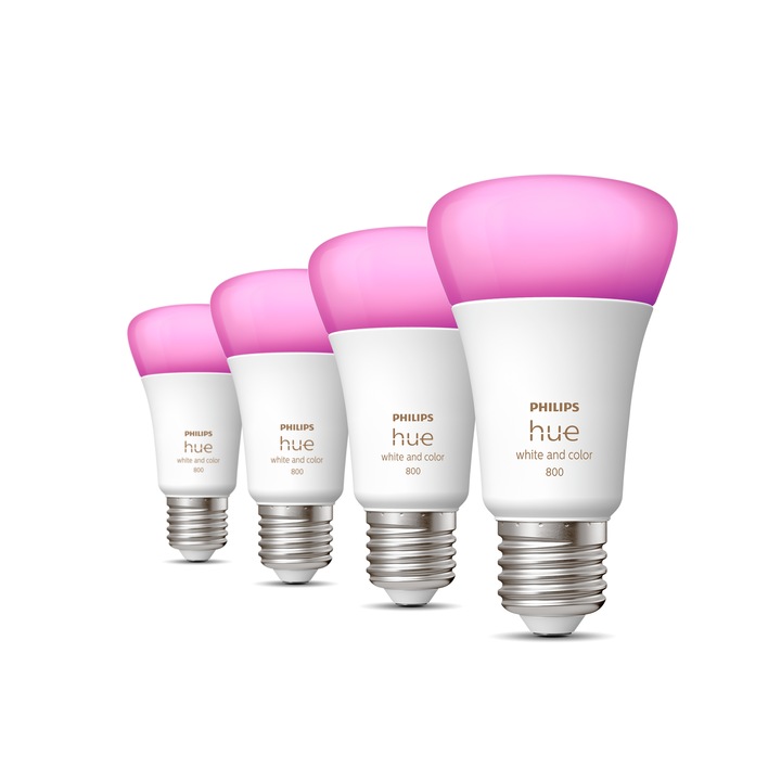 Комплект от 4 смарт LED RGB крушки Philips Hue, Bluetooth, Zigbee, A60, E27, 6.5W (60W), 806 лумена, Бяла и цветна светлина, Енергиен клас F