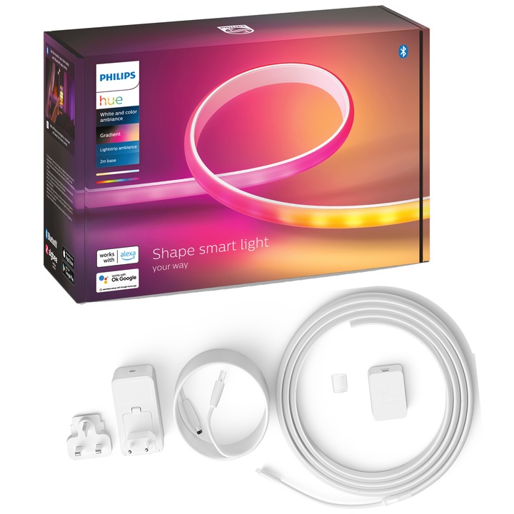 Banda LED RGB inteligenta Philips Hue Gradient Lightstrip, Bluetooth, 20W, 1600 lm, lumina alba si colorata, IP20, Silicon, 200 cm