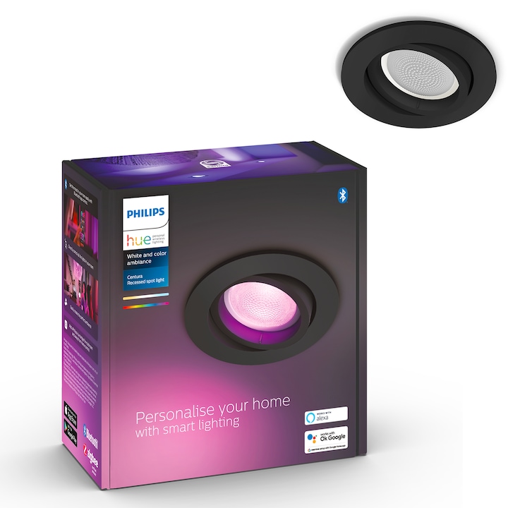 Смарт LED RGB спот за вграждане Philips Hue Centura, Bluetooth, GU10, 5.7W, 230 лумена, Бяла и цветна светлина, Черен, Енергиен клас G