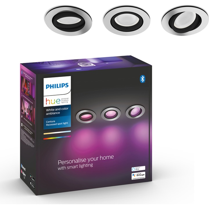 Pachet 3 spoturi incastrate LED RGB inteligente Philips Hue Centura, Bluetooth, GU10, 3x5.7W, 750 lm, lumina alba si colorata, Aluminiu, clasa energetica G