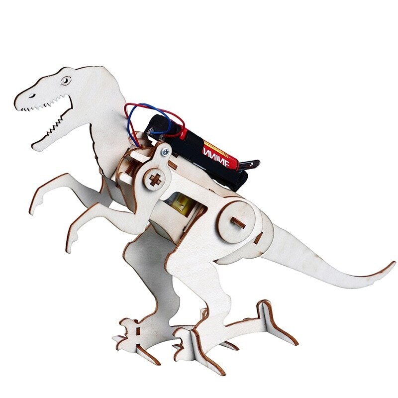 Jucarie educationala copii model Dino T-Rex, Diy, puzzle 3D din lemn, cu baterii